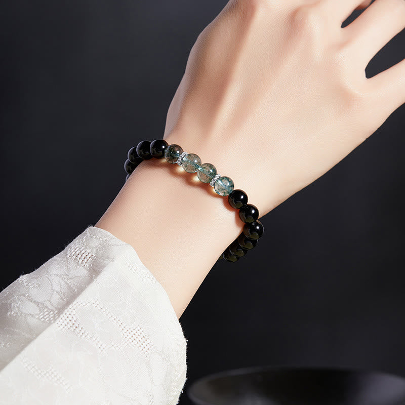 Buddha Stones 925 Sterling Silver Black Obsidian Green Phantom Strength Bracelet - image 3