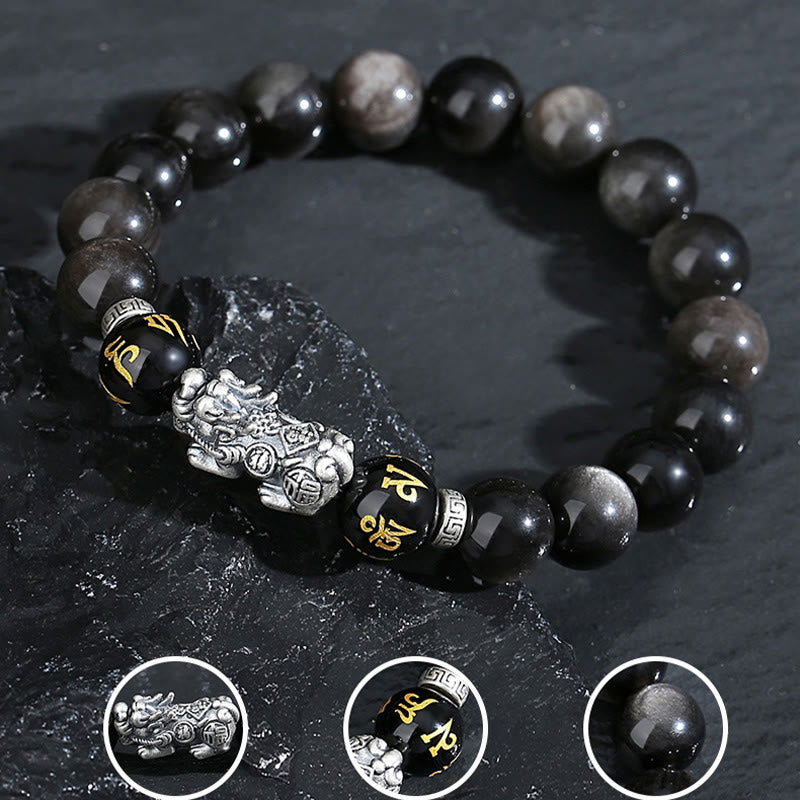 Buddha Stones 999 Sterling Silver PiXiu Natural Black Obsidian Strength Bracelet - image 3
