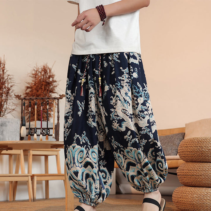 Buddha Stones Dragon Print Cotton Men's Harem Ankle-Length Pants With Pockets - Navy - US/UK/AU46,EU56 (5XL) - image 0