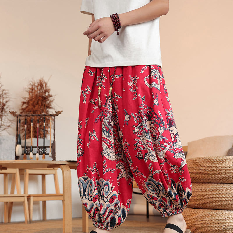 Buddha Stones Dragon Print Cotton Men's Harem Ankle-Length Pants With Pockets - Red - US/UK/AU46,EU56 (5XL) - image 11
