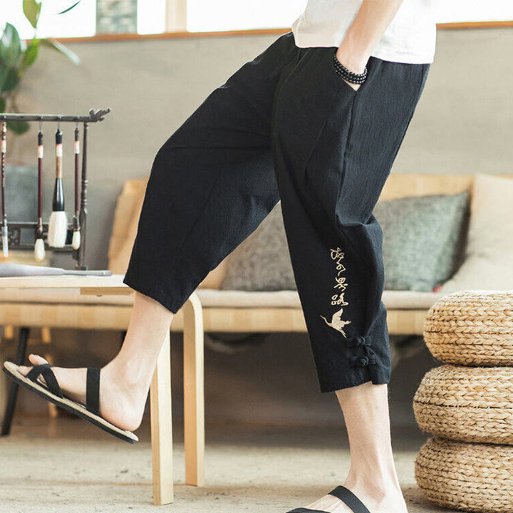 Buddha Stones Crane Embroidery Cotton Men's Cropped Harem Pants With Pockets - Black - US/UK/AU46,EU56 (5XL) - image 22