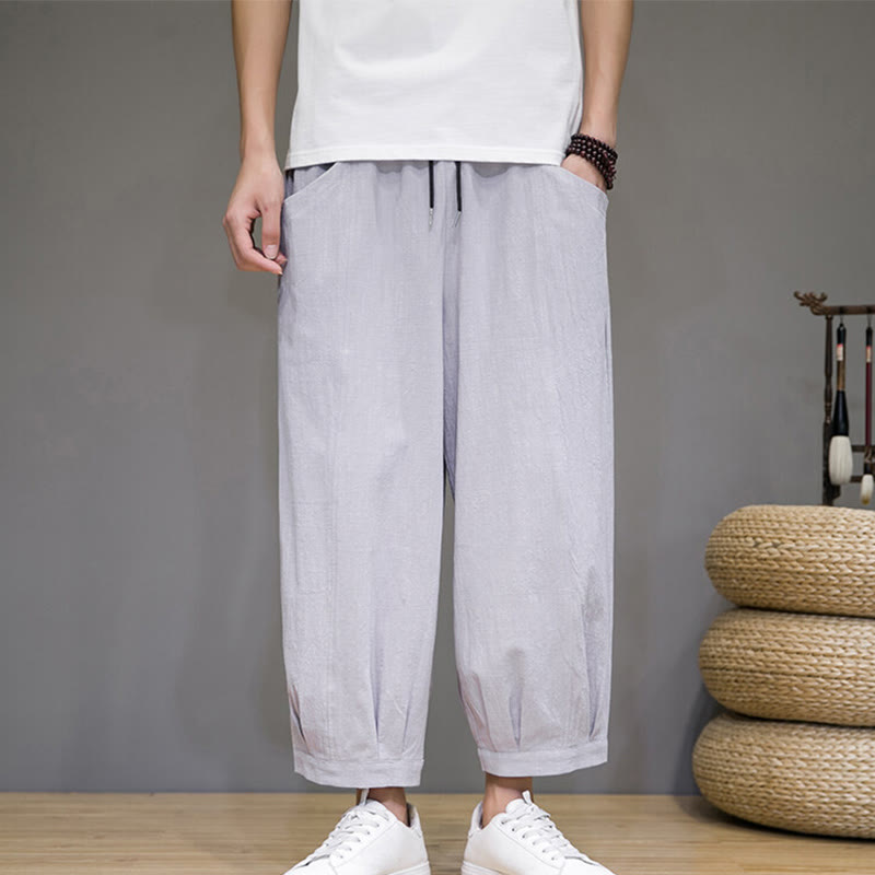 Buddha Stones Simple Cotton Men's Cropped Capri Harem Pants With Pockets - LightGrey - US/UK/AU46,EU56 (5XL) - image 9