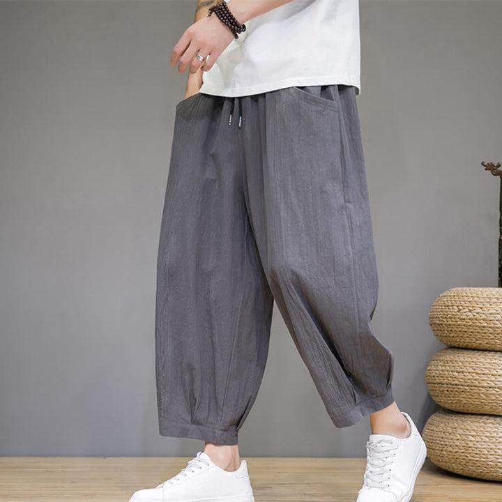 Buddha Stones Simple Cotton Men's Cropped Capri Harem Pants With Pockets - Gray - US/UK/AU46,EU56 (5XL) - image 0