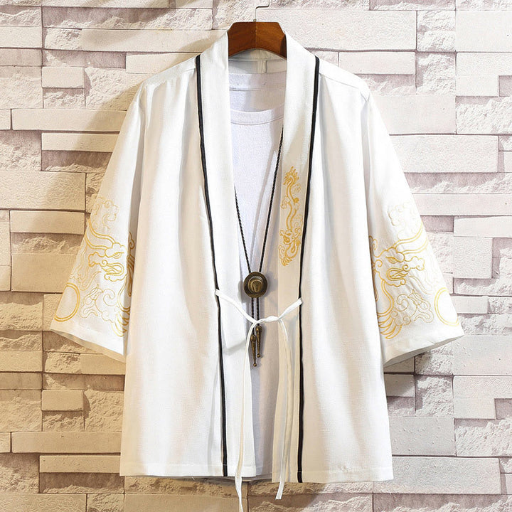 Buddha Stones Embroidery Dragon Phoenix Auspicious Cloud Waves Leaves Cranes Open Front Jacket Men's Kimono - Golden Dragon Auspicious Clouds-White - US/UK/AU46,EU56 (5XL) - image 12