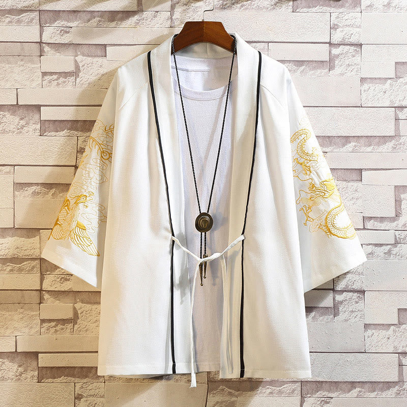 Buddha Stones Embroidery Dragon Phoenix Auspicious Cloud Waves Leaves Cranes Open Front Jacket Men's Kimono - Golden Dragon Phoenix-White - US/UK/AU46,EU56 (5XL) - image 20