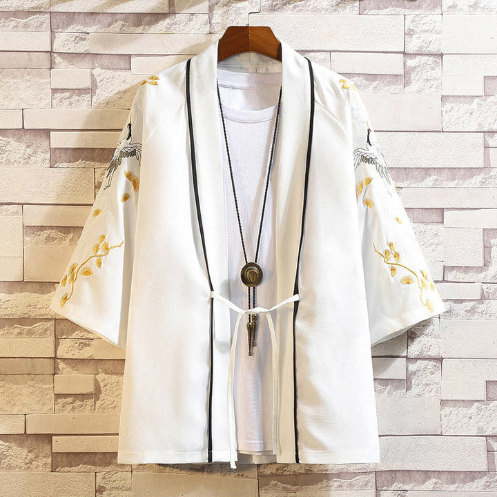 Buddha Stones Embroidery Dragon Phoenix Auspicious Cloud Waves Leaves Cranes Open Front Jacket Men's Kimono - White Crane-White - US/UK/AU46,EU56 (5XL) - image 43