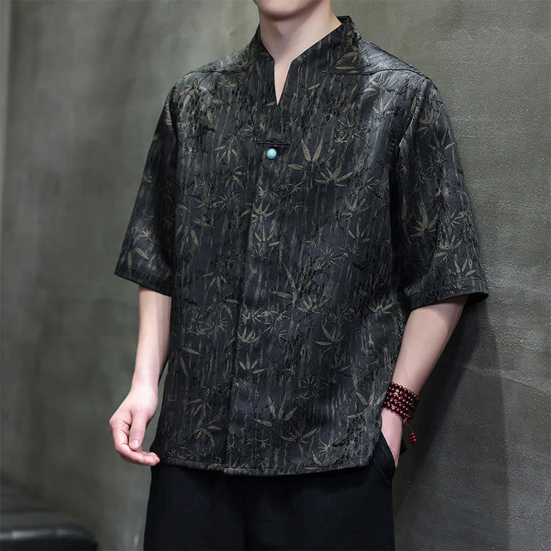 Buddha Stones Summer Golden Bamboo Jacquard Men's Half Sleeve Linen Shirt - Black - US/UK/AU46,EU56 (5XL) - image 0