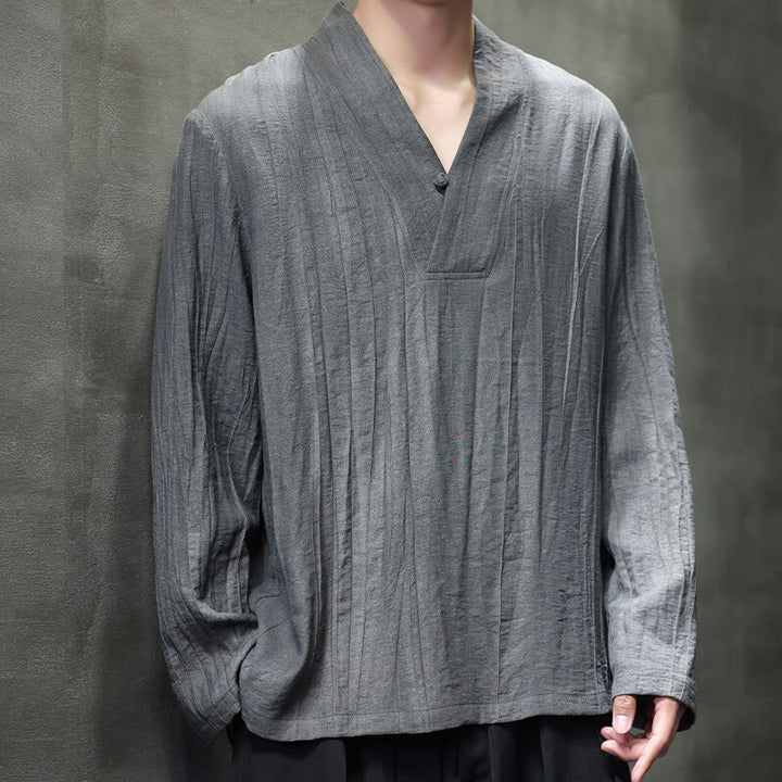 Buddha Stones Plain V-Neck Long Sleeve Men's Linen Shirt - Gray - US/UK/AU46,EU56 (5XL) - image 0