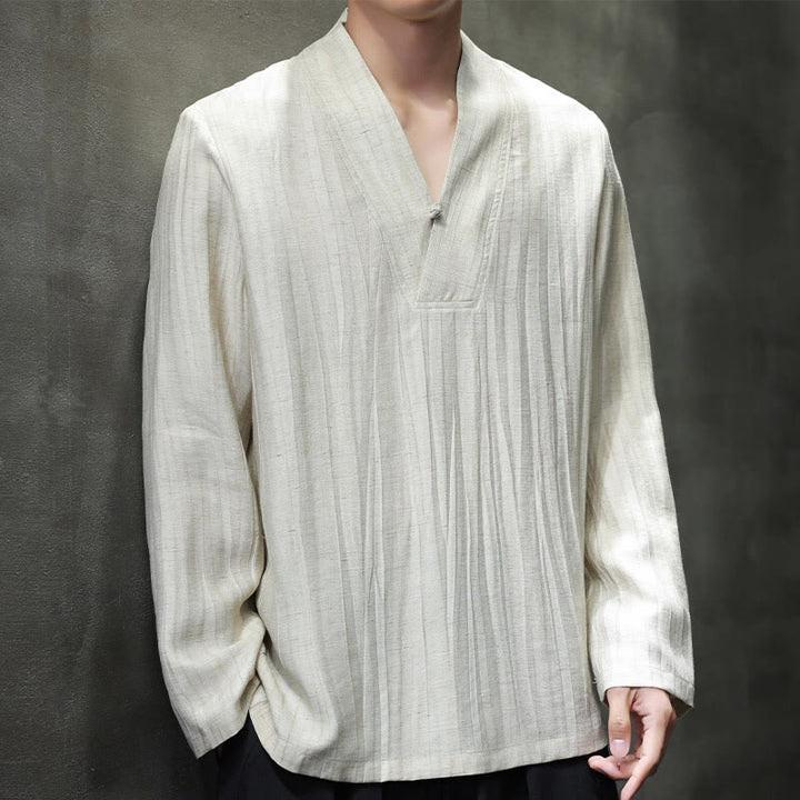 Buddha Stones Plain V-Neck Long Sleeve Men's Linen Shirt - Linen - US/UK/AU46,EU56 (5XL) - image 9