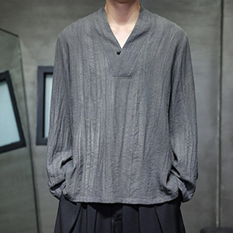 Buddha Stones Plain V-Neck Long Sleeve Men's Linen Shirt - image 3