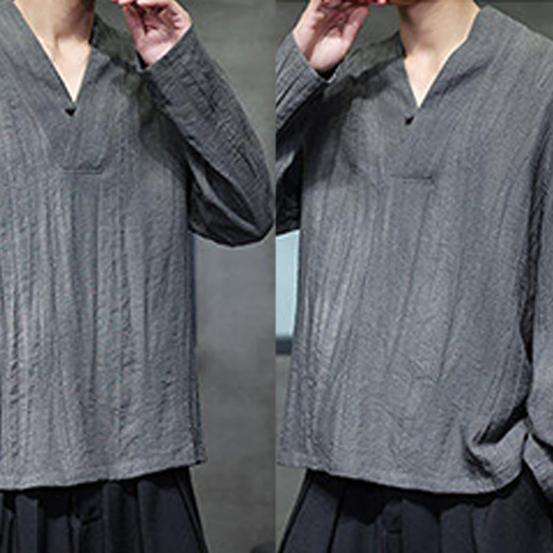 Buddha Stones Plain V-Neck Long Sleeve Men's Linen Shirt - image 8