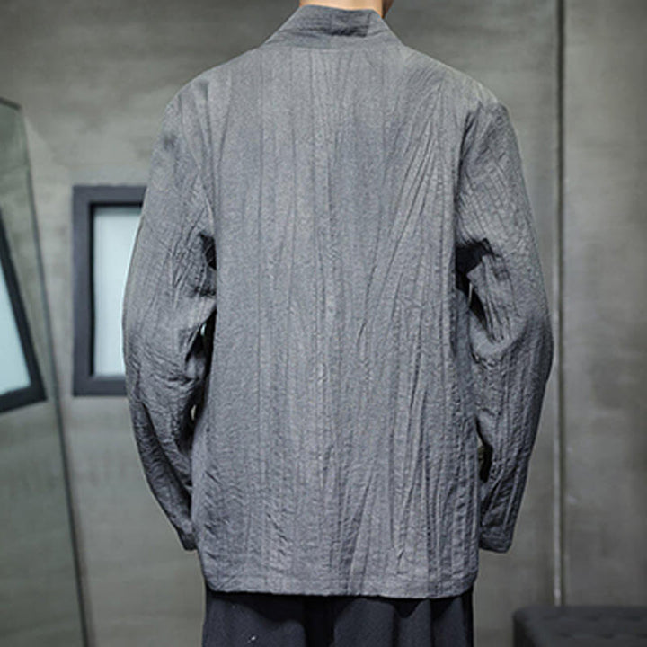 Buddha Stones Plain V-Neck Long Sleeve Men's Linen Shirt - image 2