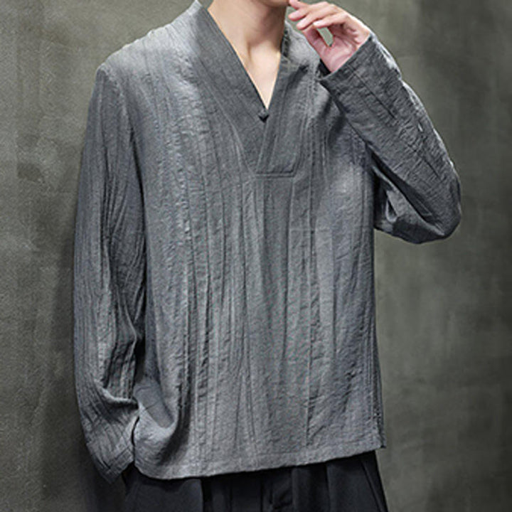 Buddha Stones Plain V-Neck Long Sleeve Men's Linen Shirt - image 6