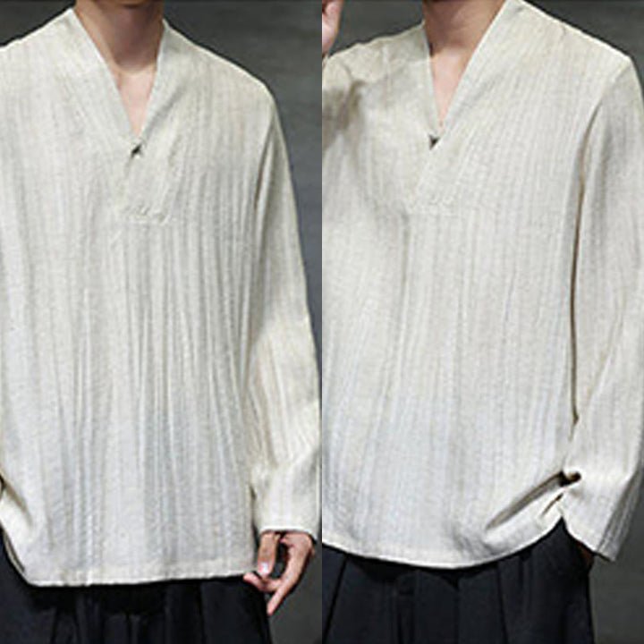 Buddha Stones Plain V-Neck Long Sleeve Men's Linen Shirt - image 14