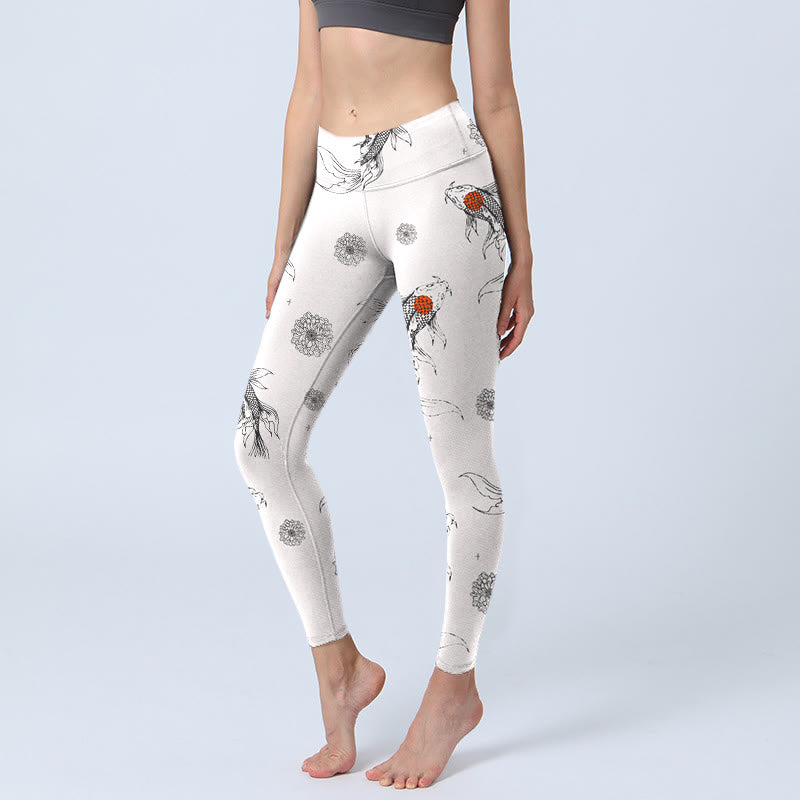 Buddha Stones Koi Fish Chrysanthemum Pattern Print Gym Leggings Women's Yoga Pants - GhostWhite - US18,UK/AU22,EU50 (4XL) - image 0