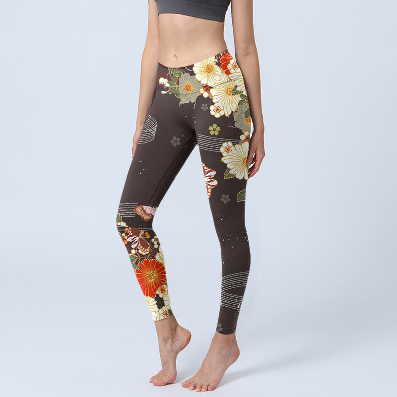 Buddha Stones Floral Butterfly Pattern Print Gym Leggings Women's Yoga Pants - SaddleBrown - US18,UK/AU22,EU50 (4XL) - image 0