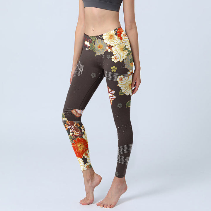 Buddha Stones Floral Butterfly Pattern Print Gym Leggings Women's Yoga Pants - SaddleBrown - US18,UK/AU22,EU50 (4XL) - image 0