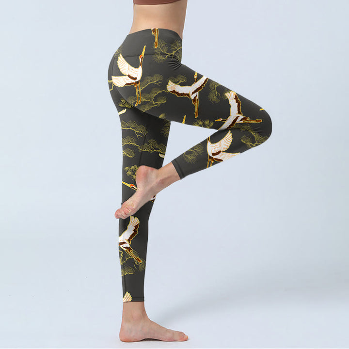 Buddha Stones Soaring Crane Pine Tree Pattern Print Gym Leggings Women's Yoga Pants - image 4