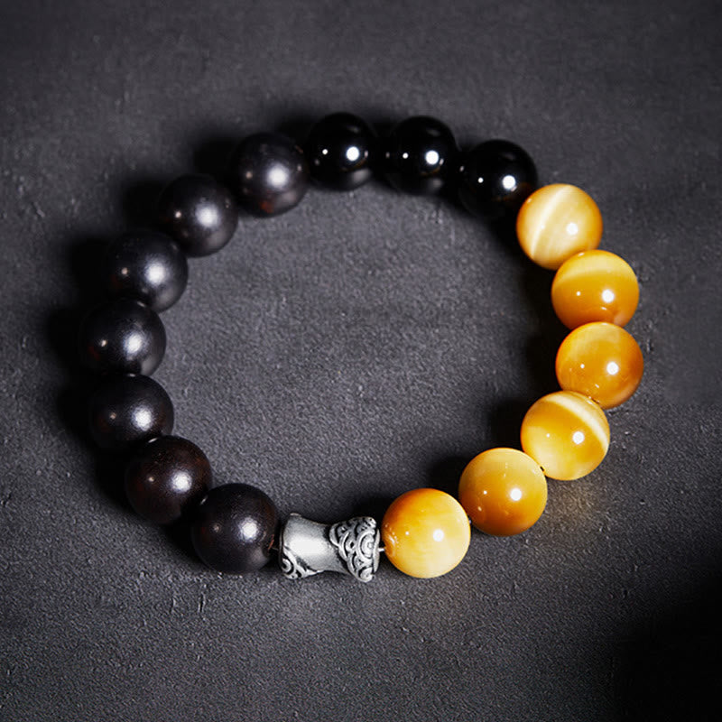 Buddha Stones 999 Sterling Silver Ebony Tiger Eye Black Obsidian Relax Bracelet - image 2