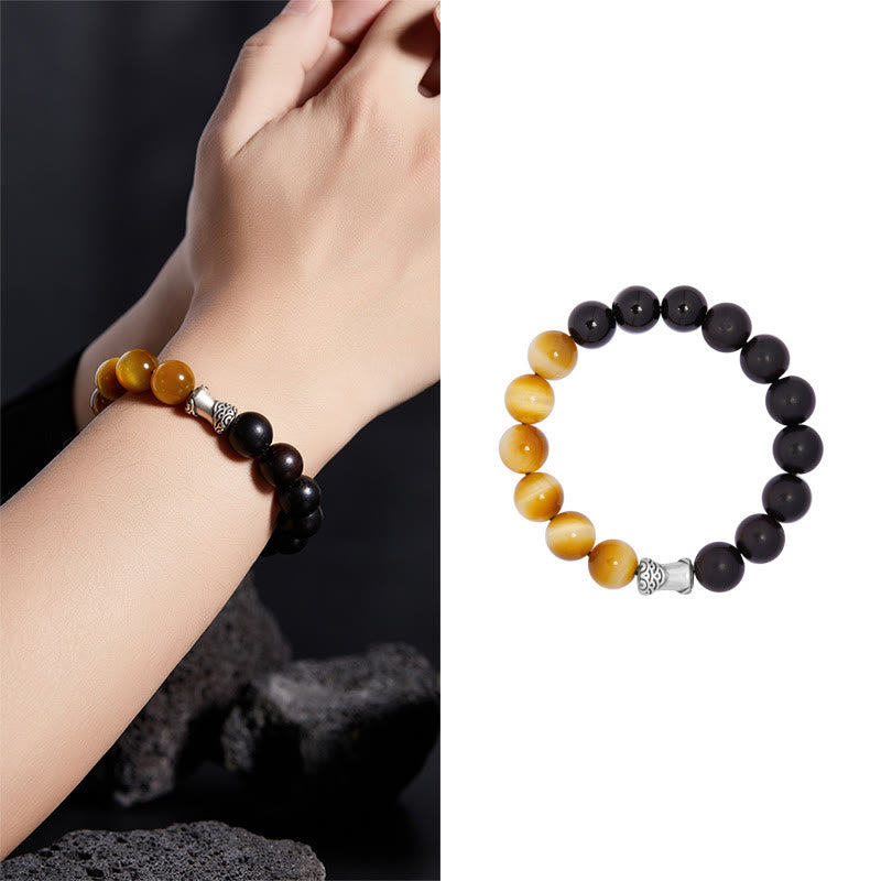Buddha Stones 999 Sterling Silver Ebony Tiger Eye Black Obsidian Relax Bracelet - image 9