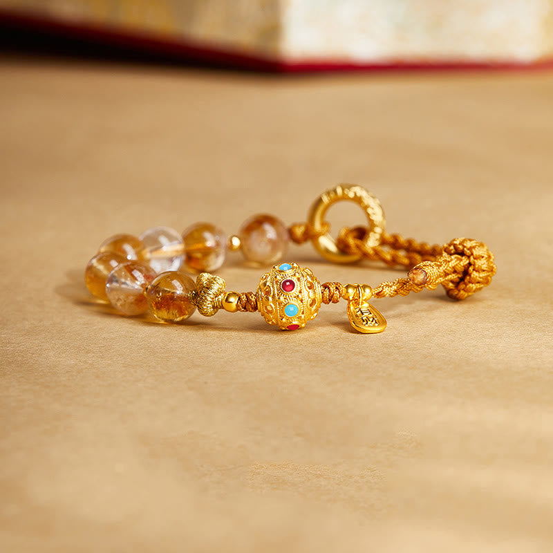 Buddha Stones 925 Sterling Silver Natural Citrine White Crystal Peace Buckle Meaning Fu Character Protection Braided String Bracelet - Citrine(Wrist Circumference:14-18cm) - image 0