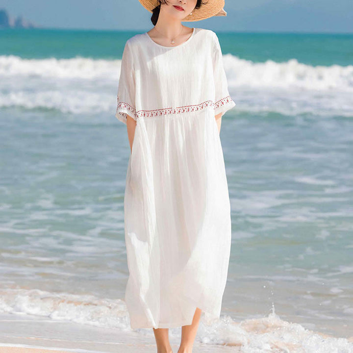 Buddha Stones Solid Color Embroidery Short Sleeve Cotton Midi Dress - image 2