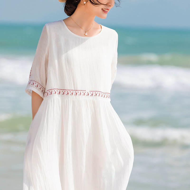 Buddha Stones Solid Color Embroidery Short Sleeve Cotton Midi Dress - image 14