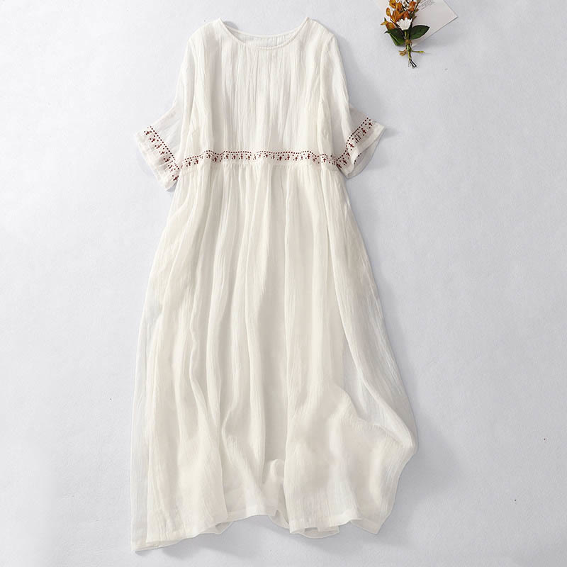 Buddha Stones Solid Color Embroidery Short Sleeve Cotton Midi Dress - White - US12,UK/AU16,EU44 (2XL) - image 4