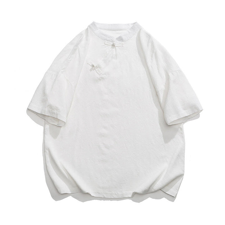 Buddha Stones Retro Pure Color Frog-Button Design Jacquard Flower Pattern Men's Short Sleeve Cotton Linen Shirt - White - US/UK/AU46,EU56 (5XL) - image 14