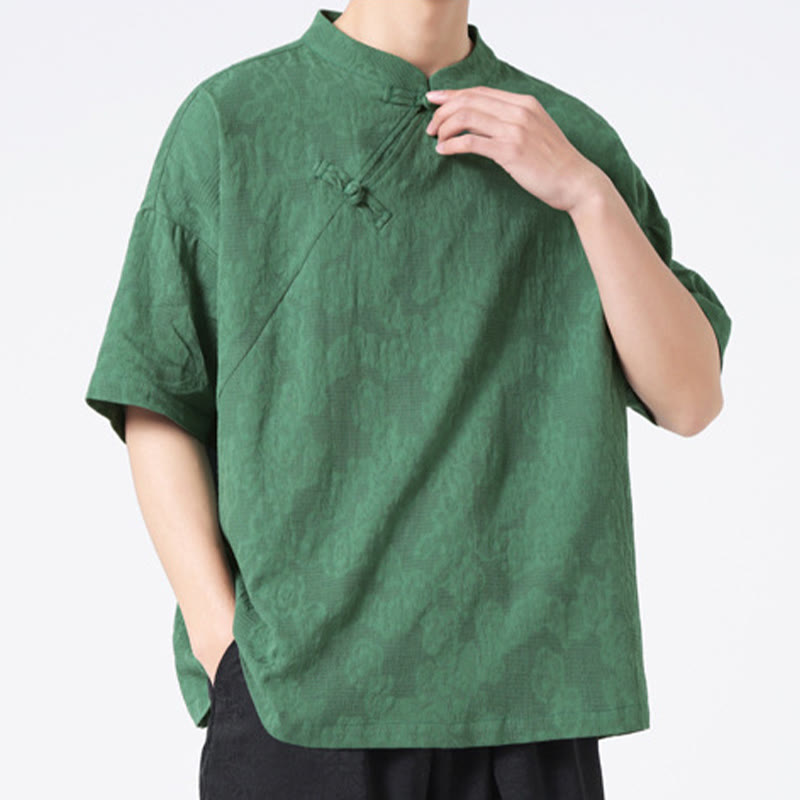 Buddha Stones Retro Pure Color Frog-Button Design Jacquard Flower Pattern Men's Short Sleeve Cotton Linen Shirt - SeaGreen - US/UK/AU46,EU56 (5XL) - image 0