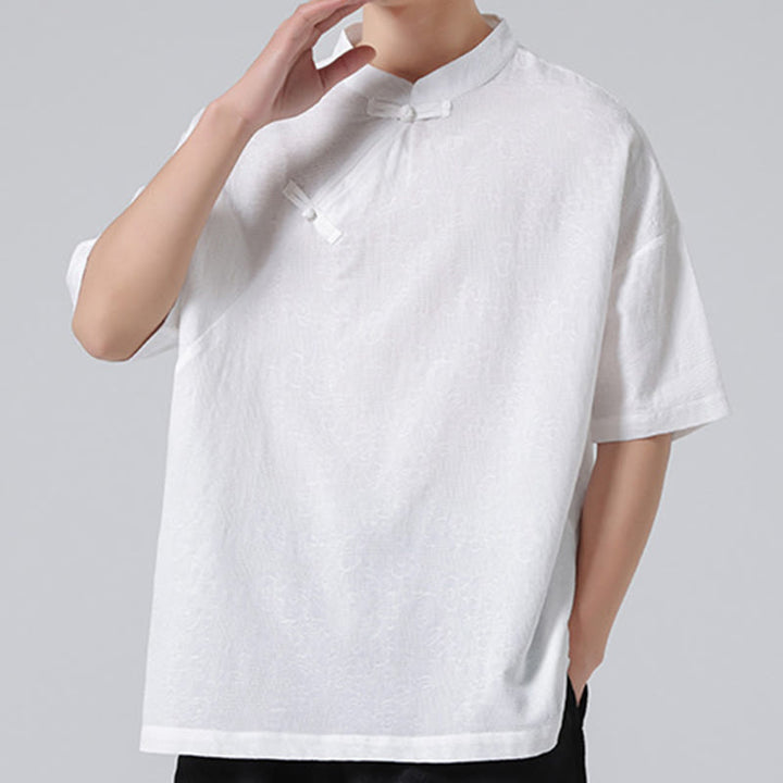 Buddha Stones Retro Pure Color Frog-Button Design Jacquard Flower Pattern Men's Short Sleeve Cotton Linen Shirt - image 20