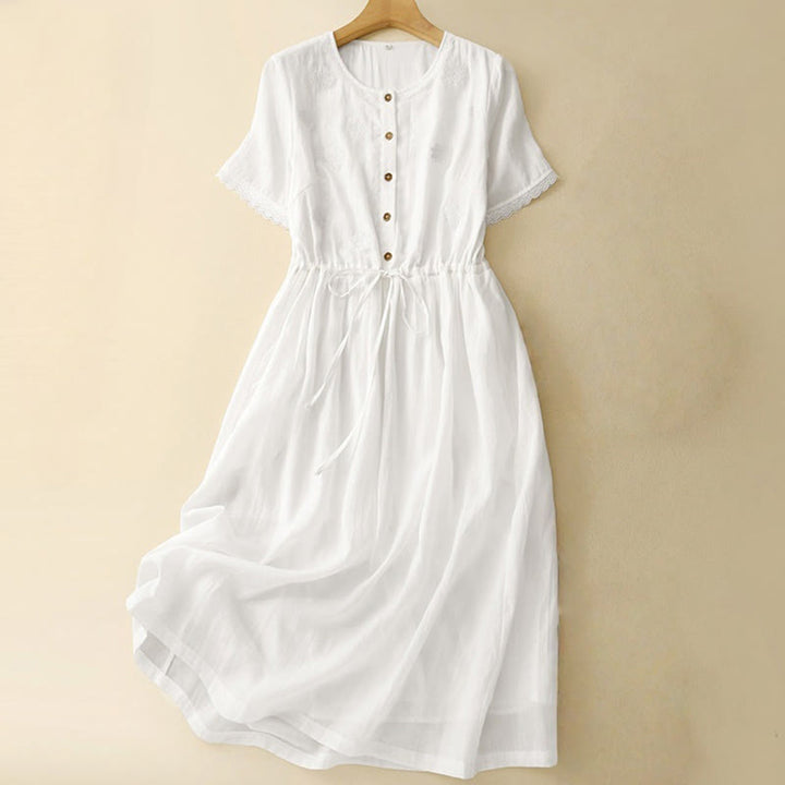 Buddha Stones Commute Embroidery Pleated Button Drawstring Design Cotton Linen Ruffled Short Sleeve Midi Dress - White - US8-10,UK/AU12-14,EU40-42 (2XL) - image 0