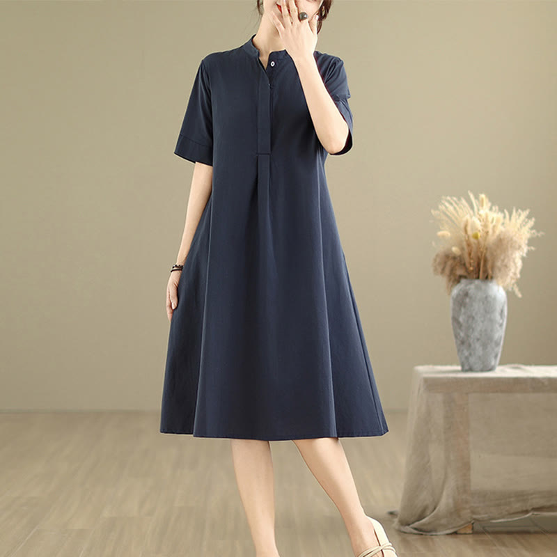 Buddha Stones Commute Plaid Pattern Simple Design Cotton Half Sleeve Midi Dress With Pockets - MidnightBlue - US8-10,UK/AU12-14,EU40-42 (2XL) - image 0