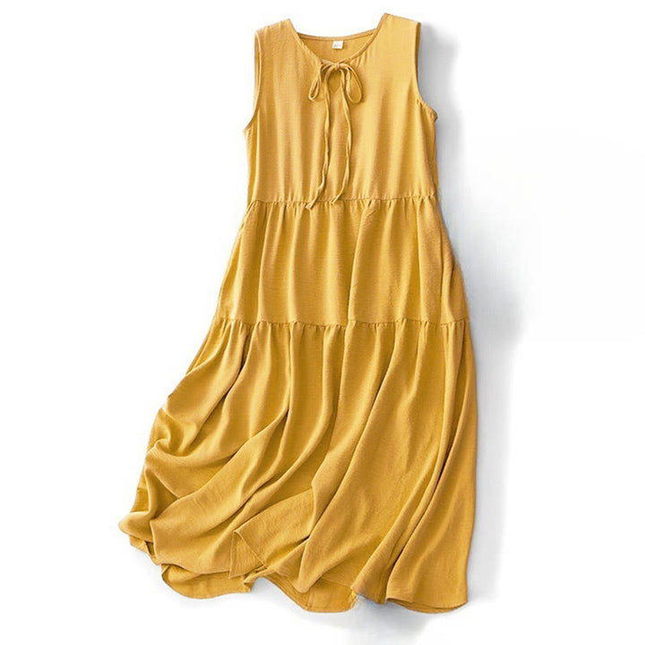 Buddha Stones Casual Plain Handmade Lace-up Midi Dress Cotton Linen Sleeveless Dress With Pockets - Goldenrod - US8-10,UK/AU12-14,EU40-42 (2XL) - image 11