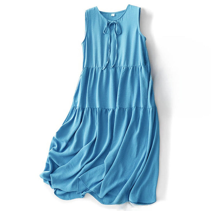 Buddha Stones Casual Plain Handmade Lace-up Midi Dress Cotton Linen Sleeveless Dress With Pockets - SteelBlue - US8-10,UK/AU12-14,EU40-42 (2XL) - image 0