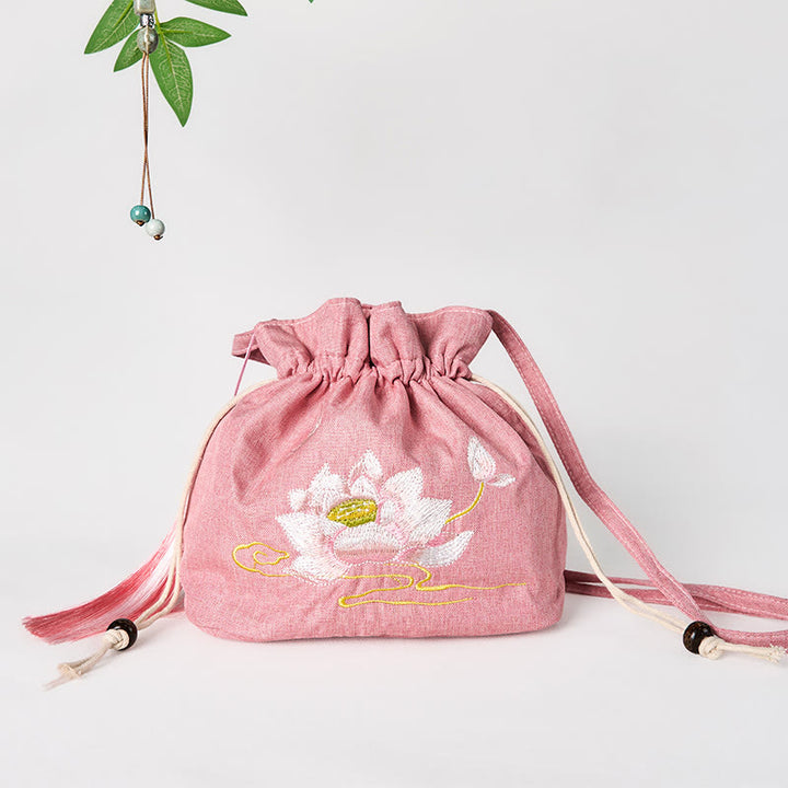 Buddha Stones Embroidered Light Pink Lotus Cotton Linen Crossbody Bag Shoulder Bag - Pink Lotus 19*20*10cm - image 0