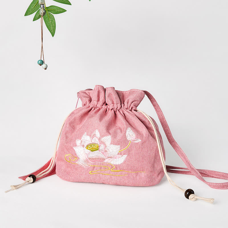 Buddha Stones Embroidered Light Pink Lotus Cotton Linen Crossbody Bag Shoulder Bag - image 1
