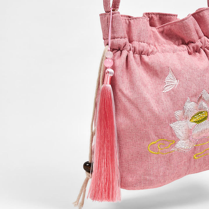 Buddha Stones Embroidered Light Pink Lotus Cotton Linen Crossbody Bag Shoulder Bag - image 4