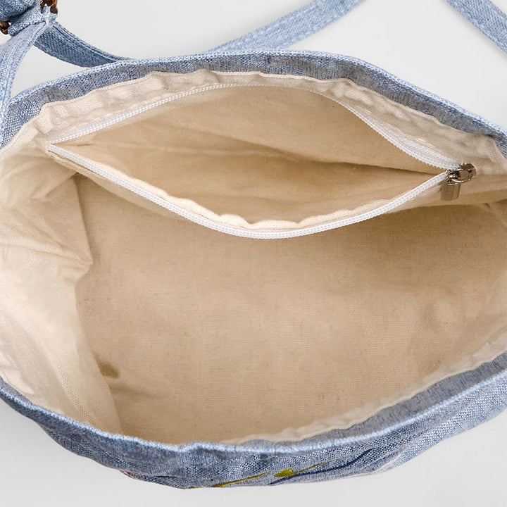 Buddha Stones Embroidered Light Blue Fairy Deer Auspicious Clouds Cotton Linen Crossbody Bag Shoulder Bag - image 5