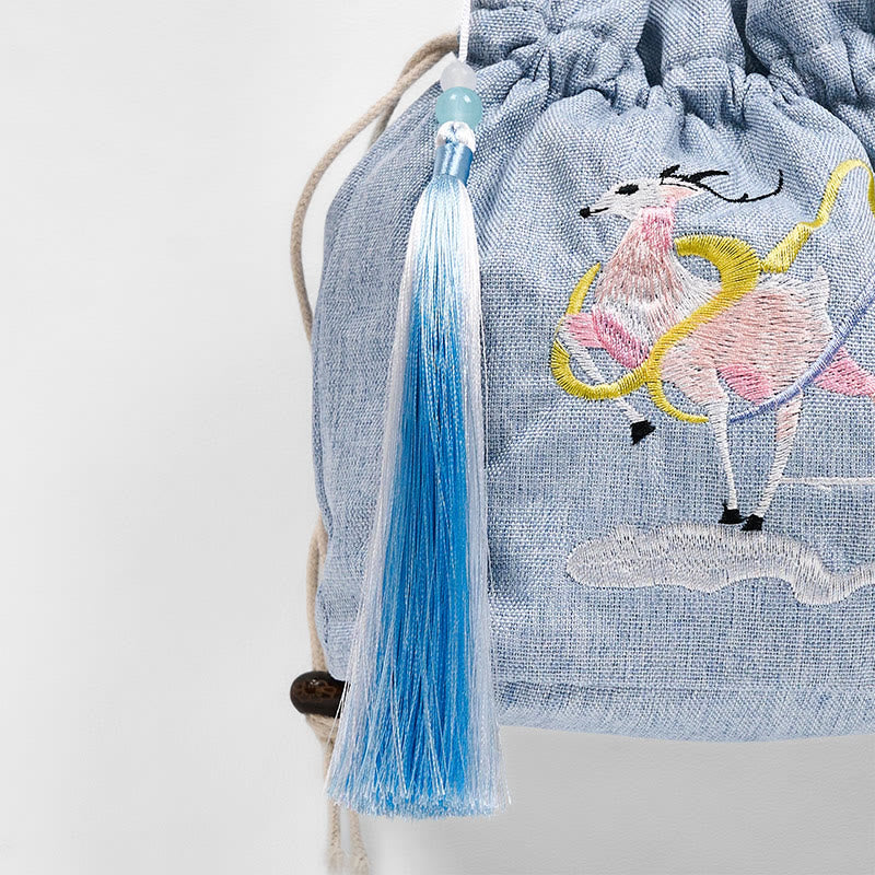 Buddha Stones Embroidered Light Blue Fairy Deer Auspicious Clouds Cotton Linen Crossbody Bag Shoulder Bag - image 4