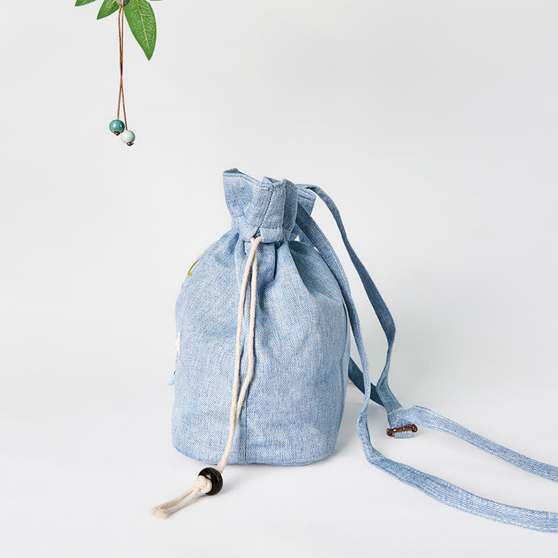 Buddha Stones Embroidered Light Blue Fairy Deer Auspicious Clouds Cotton Linen Crossbody Bag Shoulder Bag - image 3