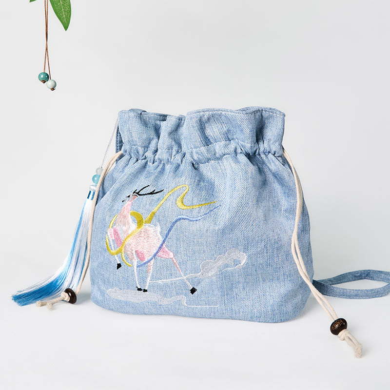 Buddha Stones Embroidered Light Blue Fairy Deer Auspicious Clouds Cotton Linen Crossbody Bag Shoulder Bag - image 2
