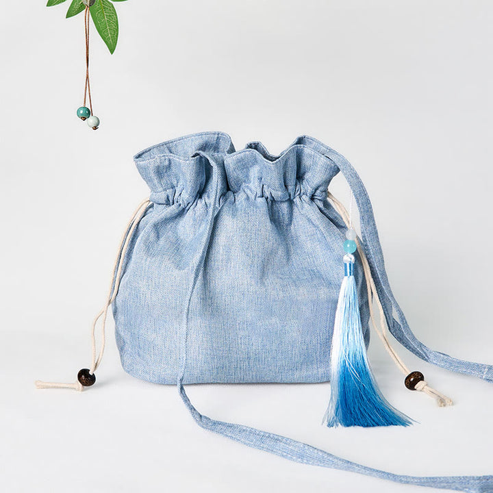 Buddha Stones Embroidered Light Blue Fairy Deer Auspicious Clouds Cotton Linen Crossbody Bag Shoulder Bag - image 1