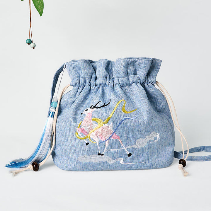 Buddha Stones Embroidered Light Blue Fairy Deer Auspicious Clouds Cotton Linen Crossbody Bag Shoulder Bag - Fairy Deer 19*20*10cm - image 0