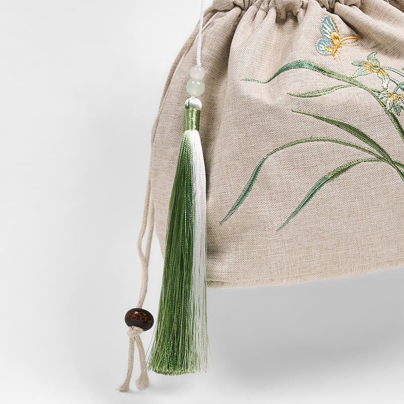 Buddha Stones Embroidered Beige Orchid Grass Cotton Linen Crossbody Bag Shoulder Bag - image 5