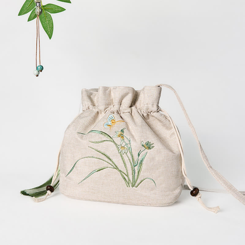 Buddha Stones Embroidered Beige Orchid Grass Cotton Linen Crossbody Bag Shoulder Bag - image 2