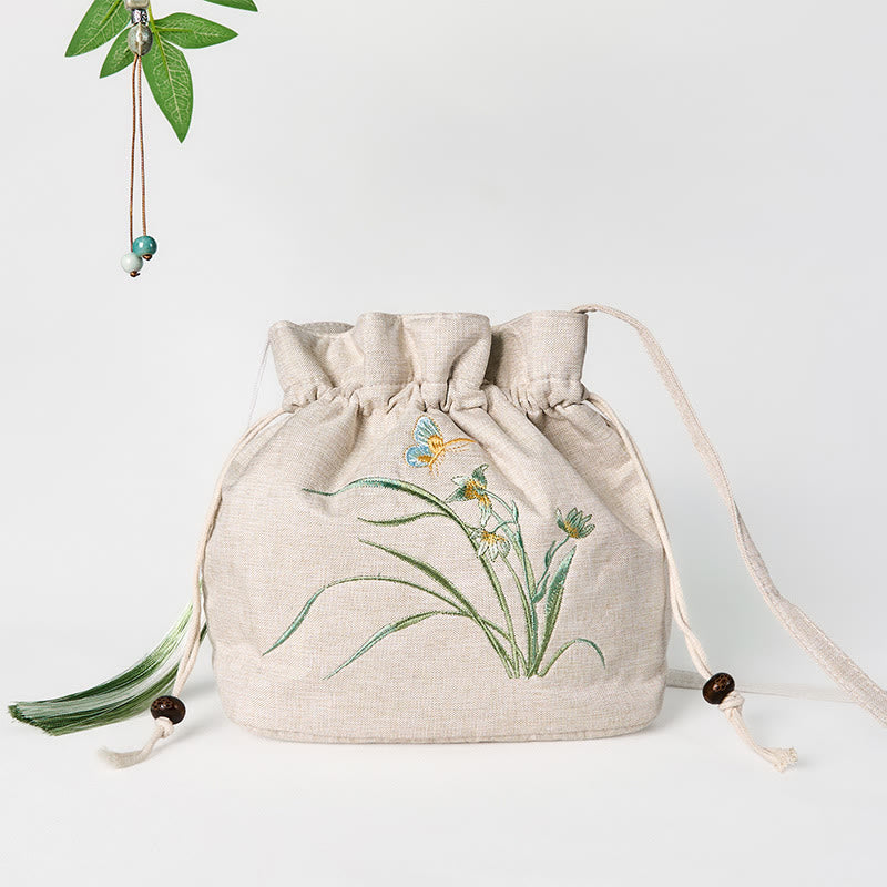 Buddha Stones Embroidered Beige Orchid Grass Cotton Linen Crossbody Bag Shoulder Bag - Beige Orchid Grass 19*20*10cm - image 0