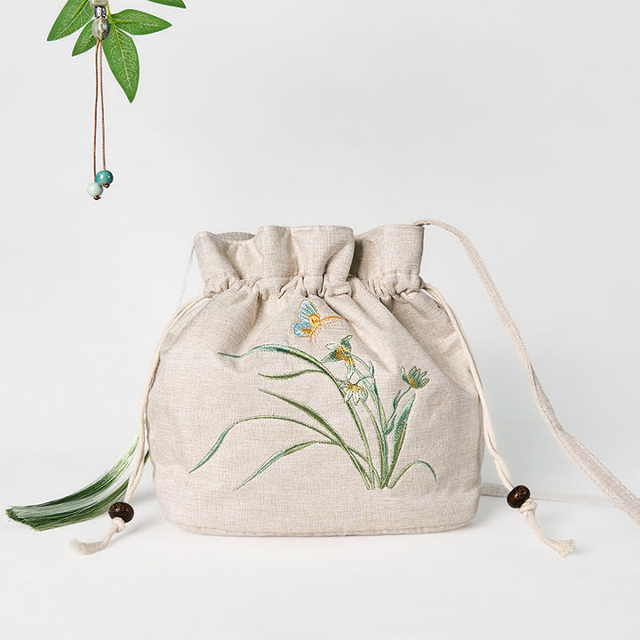 Buddha Stones Embroidered Beige Orchid Grass Cotton Linen Crossbody Bag Shoulder Bag - Beige Orchid Grass 19*20*10cm - image 0