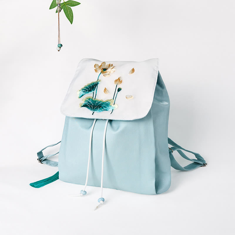 Buddha Stones Handmade Blue Lotus Embroidered Large Capacity Canvas Backpack - image 2