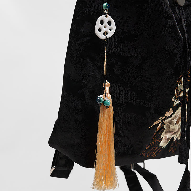 Buddha Stones Handmade Black Peony Embroidered Large Capacity Polyester Cotton Backpack - image 4